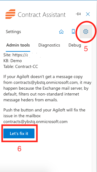 screenshot of the Outlook add-in with the tab opened to fix x-agiloft-* headers